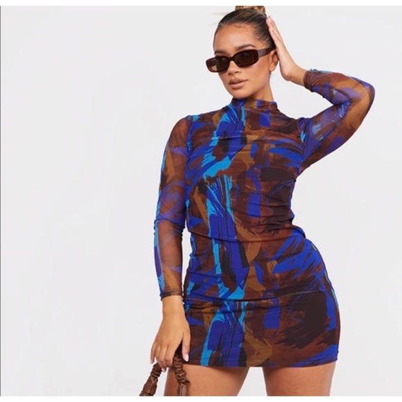 PrettyLittleThing Dresses & Skirts - PrettyLittleThing Mesh Abstract Print Mock Neck Long Sleeve Mini Dress